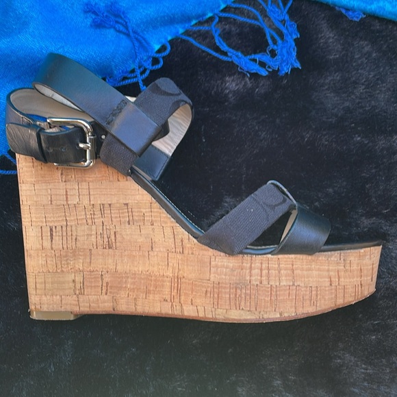 Coach Charla Wedges Black Leather Signature Fabric Platform Cork Sandals Size 8 - Picture 3 of 7